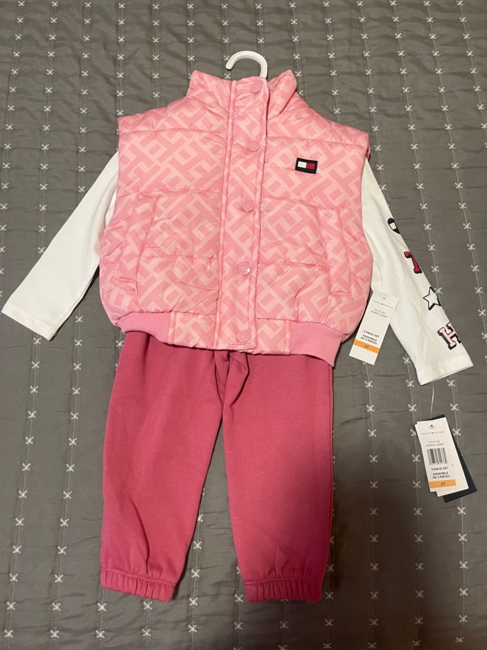 Tommy Hilfiger Pink Quilted Vest with White Long Sleeve and Rose Joggers